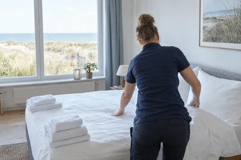 Frisch bezogenes Bett mit gefalteten Handtüchern in einer hellen Ferienwohnung mit Blick auf die Dünen