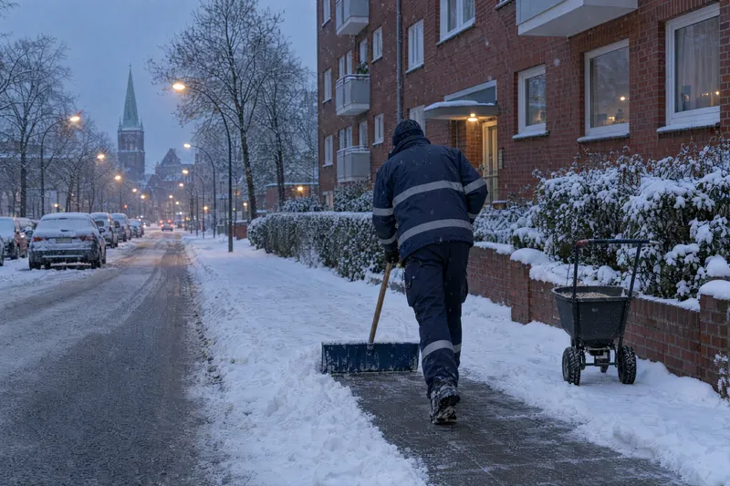Schneeräumen auf dem Gehweg vor einem Backsteinwohnhaus am frühen Morgen, daneben ein Streuwagen